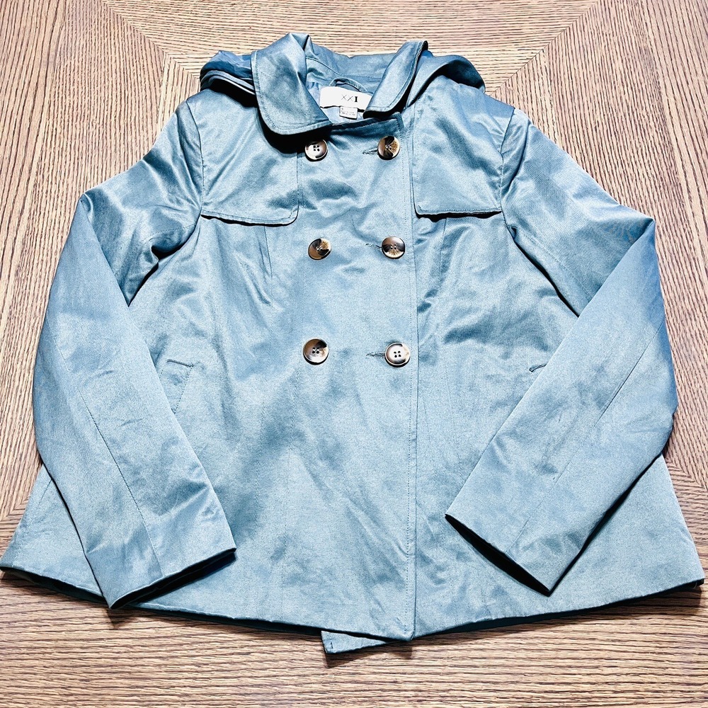 XXI Forever 21 Women Blue Gray Double Breasted Long Sleeve Coat Jacket Hooded 4